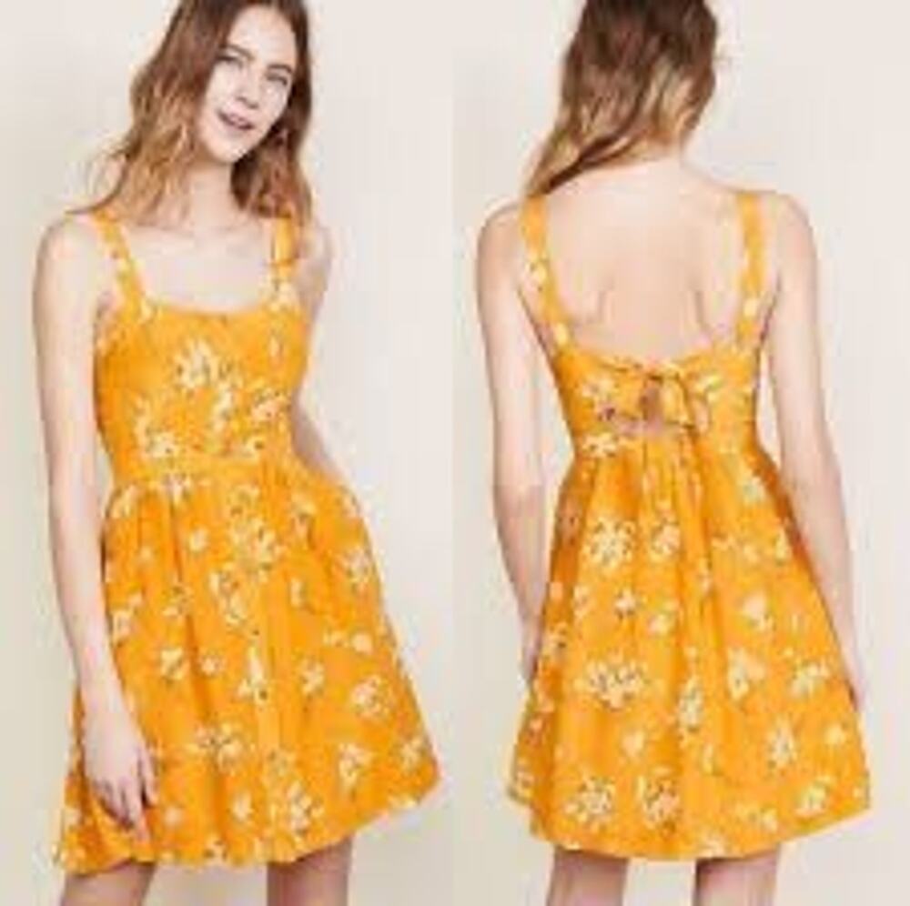 Madewell Dress Small $158 Yellow Silk Fleur Bow-Back in Butterfly Garden Floral